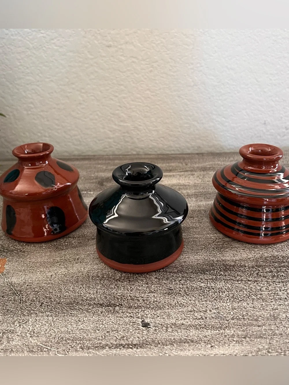 Set Of 3 Vintage Handthrown Redware Ceramic Inkwell or Vase Signed Nutt, MEL